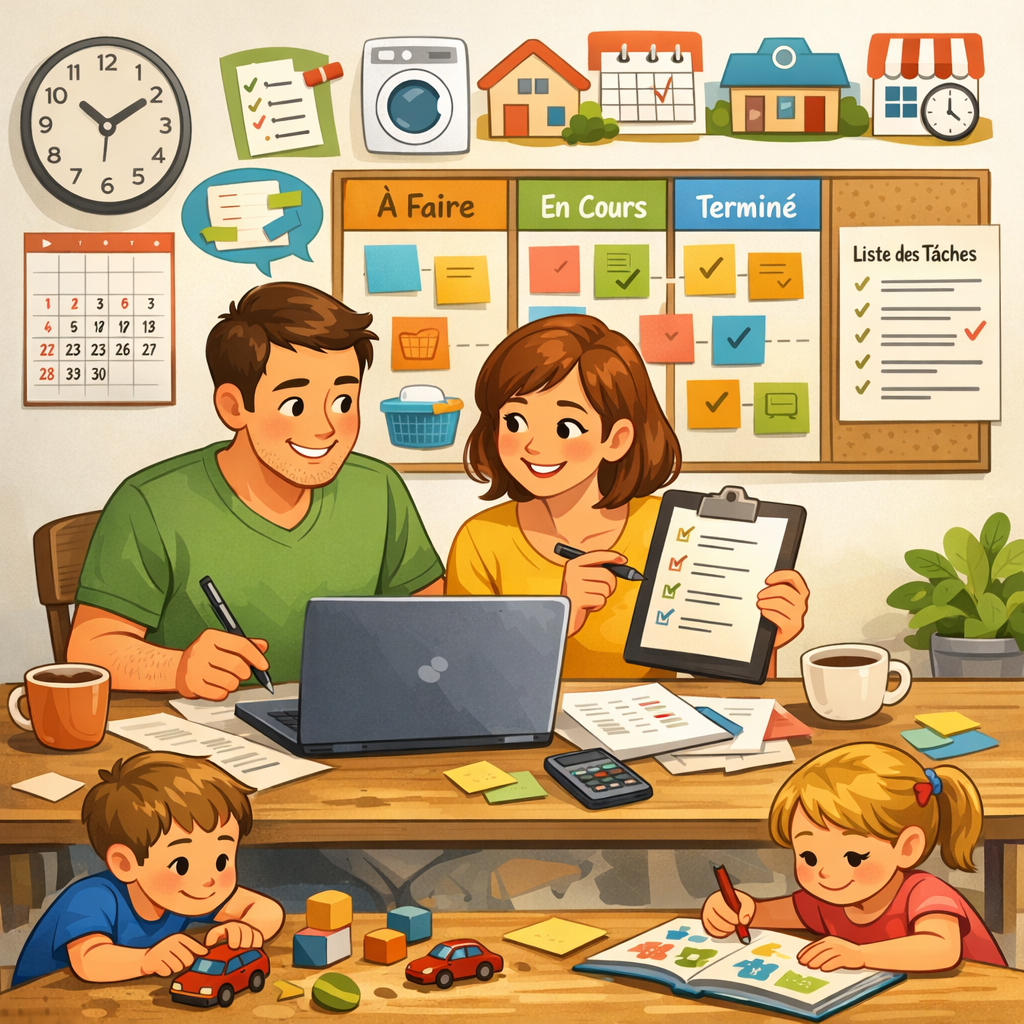 Organisation familiale avec ordinateur et documents, illustrant la planification des tâches